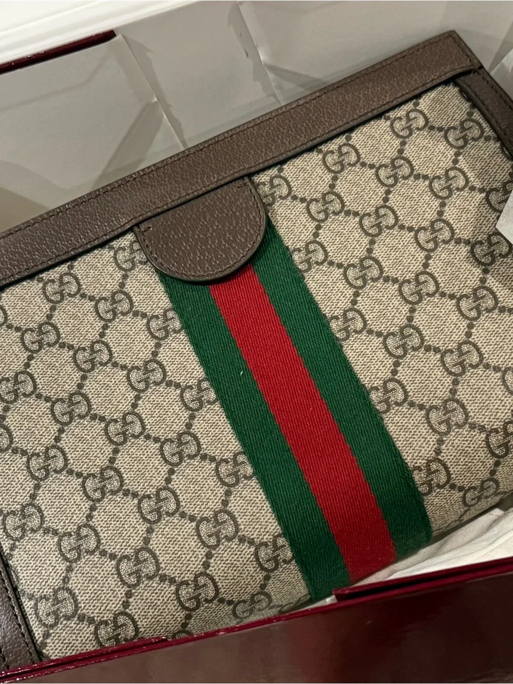Gucci Beige GG Supreme Shoulder Bag with Green and Red Web